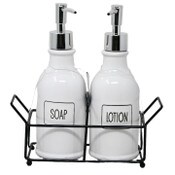 Wholesale - Ceramic Bath Soap and Pump with Metal Base - "Soap" and "Lotion" C/P 12, UPC: 195010048156